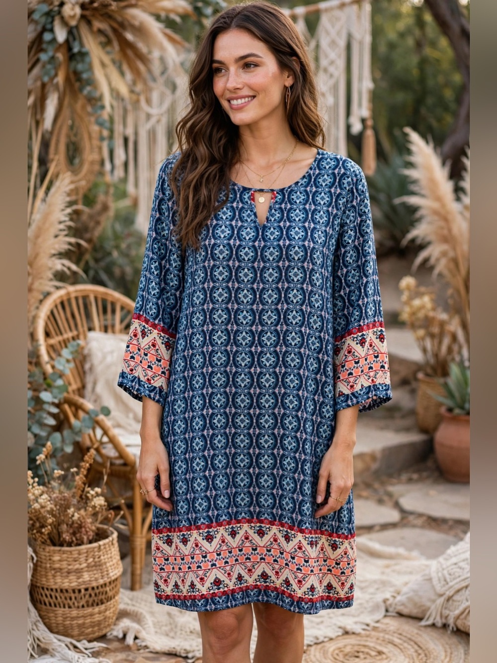 Justify Blue Printed Long Sleeve Boho Dress with Red and Cream Accents